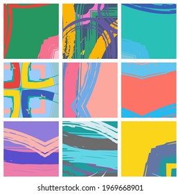 Abstract collage asymmetric pattern. Brush strokes grunge texture. Vector colorful ornament, patchwork quilt style. Digital freehand art backgrounds set for flyer, poster, cover, textile fabric print
