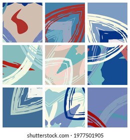 Abstract collage asymmetric pattern. Brush strokes grunge texture. Vector colorful ornament, patchwork quilt style. Digital freehand art backgrounds set for flyer, poster, cover, textile fabric print