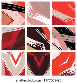 Abstract collage asymmetric pattern. Brush strokes grunge texture. Vector colorful ornament, patchwork quilt style. Digital freehand art backgrounds set for flyer, poster, cover, textile fabric print
