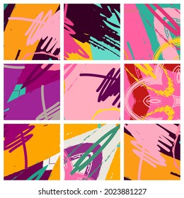 Abstract collage asymmetric pattern. Brush strokes grunge texture. Vector colorful ornament, patchwork quilt style. Digital freehand art backgrounds set for flyer, poster, cover, textile fabric print