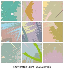 Abstract collage asymmetric pattern. Brush strokes grunge texture. Vector colorful ornament, patchwork quilt style. Digital freehand art backgrounds set for flyer, poster, cover, textile fabric print