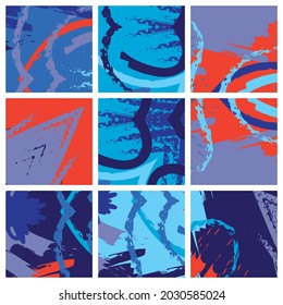 Abstract collage asymmetric pattern. Brush strokes grunge texture. Vector colorful ornament, patchwork quilt style. Digital freehand art backgrounds set for flyer, poster, cover, textile fabric print