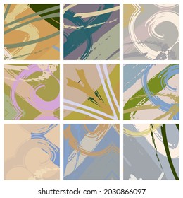 Abstract collage asymmetric pattern. Brush strokes grunge texture. Vector colorful ornament, patchwork quilt style. Digital freehand art backgrounds set for flyer, poster, cover, textile fabric print