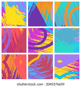 Abstract collage asymmetric pattern. Brush strokes grunge texture. Vector colorful ornament, patchwork quilt style. Digital freehand art backgrounds set for flyer, poster, cover, textile fabric print