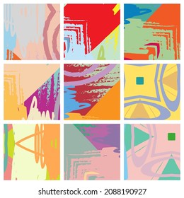 Abstract collage asymmetric pattern. Brush strokes grunge texture. Vector colorful ornament, patchwork quilt style. Digital freehand art backgrounds set for flyer, poster, cover, textile fabric print