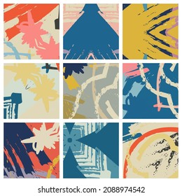 Abstract collage asymmetric pattern. Brush strokes grunge texture. Vector colorful ornament, patchwork quilt style. Digital freehand art backgrounds set for flyer, poster, cover, textile fabric print