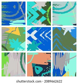 Abstract collage asymmetric pattern. Brush strokes grunge texture. Vector colorful ornament, patchwork quilt style. Digital freehand art backgrounds set for flyer, poster, cover, textile fabric print