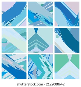 Abstract collage asymmetric pattern. Brush strokes grunge texture. Vector colorful ornament, patchwork quilt style. Digital freehand art backgrounds set for flyer, poster, cover, textile fabric print