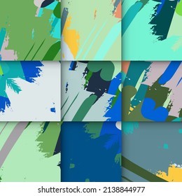 Abstract collage asymmetric pattern. Brush strokes grunge texture. Vector colorful ornament, patchwork quilt style. Digital freehand art backgrounds set for flyer, poster, cover, textile fabric print