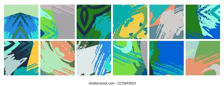 Abstract collage asymmetric pattern. Brush strokes grunge texture. Vector colorful ornament, patchwork quilt style. Digital freehand art backgrounds set for flyer, poster, cover, textile fabric print