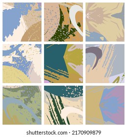 Abstract collage asymmetric pattern. Brush strokes grunge texture. Vector colorful ornament, patchwork quilt style. Digital freehand art backgrounds set for flyer, poster, cover, textile fabric print
