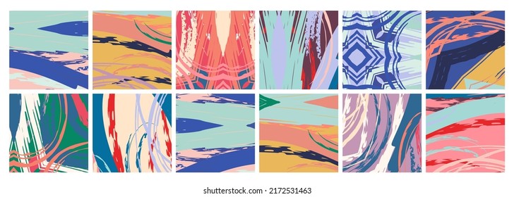 Abstract collage asymmetric pattern. Brush strokes grunge texture. Vector colorful ornament, patchwork quilt style. Digital freehand art backgrounds set for flyer, poster, cover, textile fabric print