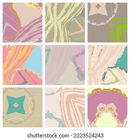 Abstrakte Collage asymmetrisches Muster. Pinselstriche ziehen Grunge Textur. Vektorfarbige Ornamente, Fliesenquilt-Stil. Digitale frehehe Kunsthintergründe Set für Flyer, Poster, Deckel, Stoffdruck