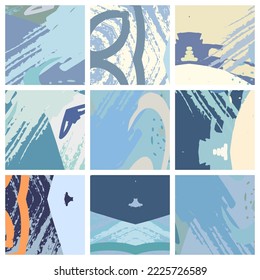 Abstract collage asymmetric pattern. Brush strokes grunge texture. Vector colorful ornament, patchwork quilt style. Digital freehand art backgrounds set for flyer, poster, cover, textile fabric print