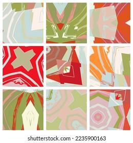 Abstract collage asymmetric pattern. Brush strokes grunge texture. Vector colorful ornament, patchwork quilt style. Digital freehand art backgrounds set for flyer, poster, cover, textile fabric print