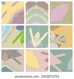 Abstract collage asymmetric pattern. Brush strokes grunge texture. Vector colorful ornament, patchwork quilt style. Digital freehand art backgrounds set for flyer, poster, cover, textile fabric print