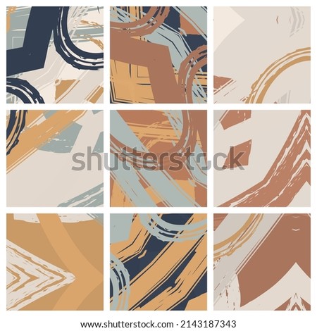 Abstract collage asymmetric pattern. Brush strokes grunge texture. Vector colorful ornament, patchwork quilt style. Digital freehand art backgrounds set for flyer, poster, cover, textile fabric print