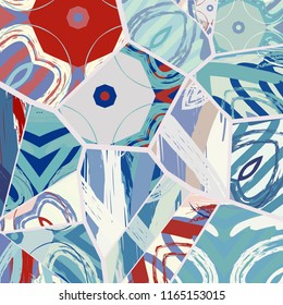 Abstract collage asymmetric pattern. Digital freehand art, grunge texture. Vector patchwork quilt background. Decorative elements, brush strokes ornament for flyer, poster, cover, textile fabric print