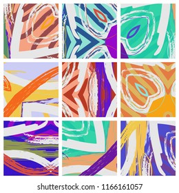 Abstract collage asymmetric pattern. Digital freehand art, grunge texture. Vector patchwork quilt background. Decorative elements, brush strokes ornament for flyer, poster, cover, textile fabric print