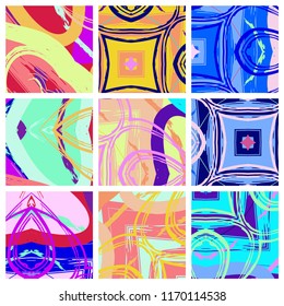 Abstract collage asymmetric pattern. Digital freehand art, grunge texture. Vector patchwork quilt background. Decorative elements, brush strokes ornament for flyer, poster, cover, textile fabric print