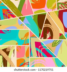 Abstract collage asymmetric pattern. Digital freehand art, grunge texture. Vector patchwork quilt background. Decorative elements, brush strokes ornament for flyer, poster, cover, textile fabric print