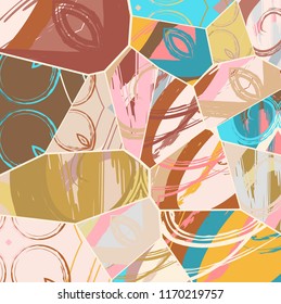 Abstract collage asymmetric pattern. Digital freehand art, grunge texture. Vector patchwork quilt background. Decorative elements, brush strokes ornament for flyer, poster, cover, textile fabric print