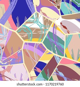 Abstract collage asymmetric pattern. Digital freehand art, grunge texture. Vector patchwork quilt background. Decorative elements, brush strokes ornament for flyer, poster, cover, textile fabric print