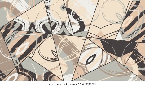 Abstract collage asymmetric pattern. Digital freehand art, grunge texture. Vector patchwork quilt background. Decorative elements, brush strokes ornament for flyer, poster, cover, textile fabric print