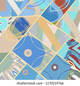 Abstract collage asymmetric pattern. Digital freehand art, grunge texture. Vector patchwork quilt background. Decorative elements, brush strokes ornament for flyer, poster, cover, textile fabric print