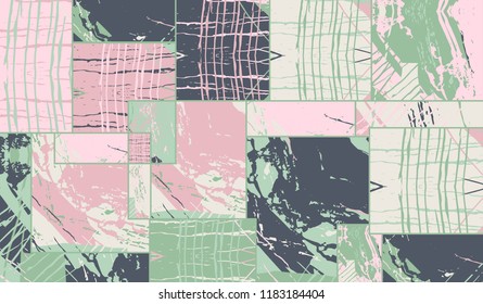 Abstract collage asymmetric pattern. Digital freehand art, grunge texture. Vector patchwork quilt background. Decorative elements, brush strokes ornament for flyer, poster, cover, textile fabric print
