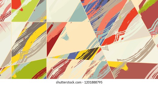 Abstract collage asymmetric pattern. Digital freehand art, grunge texture. Vector patchwork quilt background. Decorative elements, brush strokes ornament for flyer, poster, cover, textile fabric print