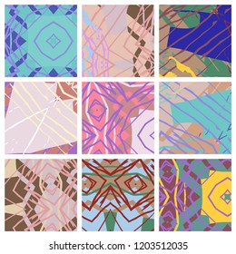 Abstract collage asymmetric pattern. Digital freehand art, grunge texture. Vector patchwork quilt background. Decorative elements, brush strokes ornament for flyer, poster, cover, textile fabric print