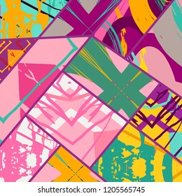 Abstract collage asymmetric pattern. Digital freehand art, grunge texture. Vector patchwork quilt background. Decorative elements, brush strokes ornament for flyer, poster, cover, textile fabric print