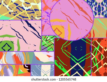 Abstract collage asymmetric pattern. Digital freehand art, grunge texture. Vector patchwork quilt background. Decorative elements, brush strokes ornament for flyer, poster, cover, textile fabric print