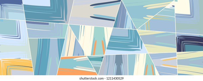 Abstract collage asymmetric pattern. Digital freehand art, grunge texture. Vector patchwork quilt background. Decorative elements, brush strokes ornament for flyer, poster, cover, textile fabric print