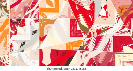 Abstract collage asymmetric pattern. Digital freehand art, grunge texture. Vector patchwork quilt background. Decorative elements, brush strokes ornament for flyer, poster, cover, textile fabric print