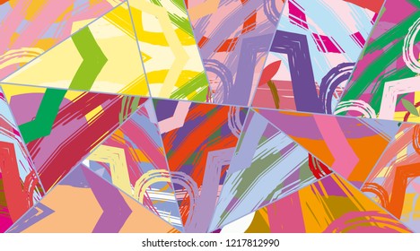 Abstract collage asymmetric pattern. Digital freehand art, grunge texture. Vector patchwork quilt background. Decorative elements, brush strokes ornament for flyer, poster, cover, textile fabric print