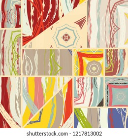 Abstract collage asymmetric pattern. Digital freehand art, grunge texture. Vector patchwork quilt background. Decorative elements, brush strokes ornament for flyer, poster, cover, textile fabric print