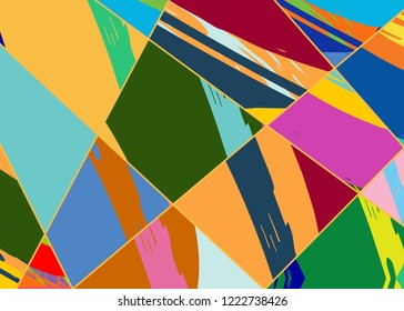 Abstract collage asymmetric pattern. Digital freehand art, grunge texture. Vector patchwork quilt background. Decorative elements, brush strokes ornament for flyer, poster, cover, textile fabric print