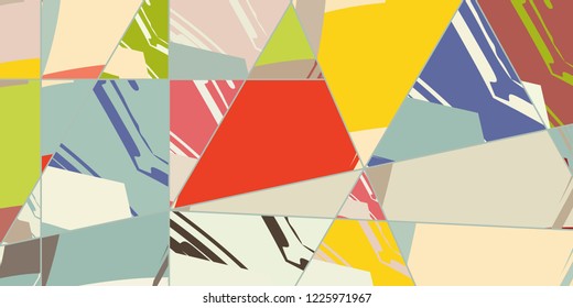 Abstract collage asymmetric pattern. Digital freehand art, grunge texture. Vector patchwork quilt background. Decorative elements, brush strokes ornament for flyer, poster, cover, textile fabric print