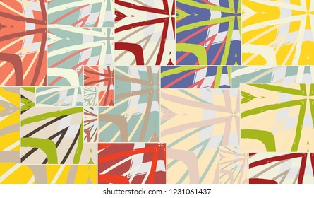 Abstract collage asymmetric pattern. Digital freehand art, grunge texture. Vector patchwork quilt background. Decorative elements, brush strokes ornament for flyer, poster, cover, textile fabric print