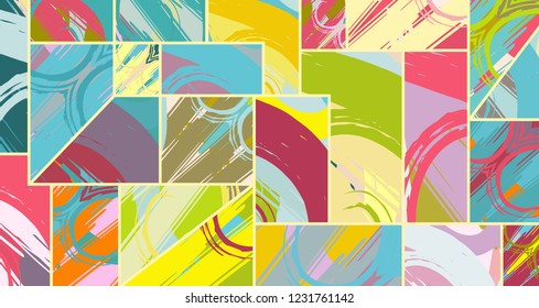Abstract collage asymmetric pattern. Digital freehand art, grunge texture. Vector patchwork quilt background. Decorative elements, brush strokes ornament for flyer, poster, cover, textile fabric print