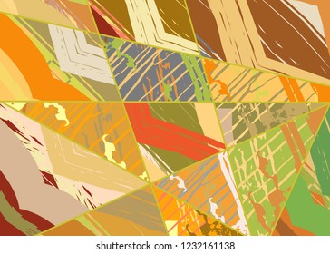 Abstract collage asymmetric pattern. Digital freehand art, grunge texture. Vector patchwork quilt background. Decorative elements, brush strokes ornament for flyer, poster, cover, textile fabric print