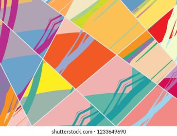 Abstract collage asymmetric pattern. Digital freehand art, grunge texture. Vector patchwork quilt background. Decorative elements, brush strokes ornament for flyer, poster, cover, textile fabric print
