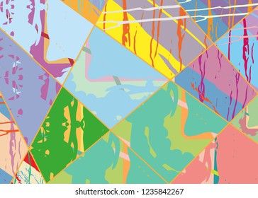 Abstract collage asymmetric pattern. Digital freehand art, grunge texture. Vector patchwork quilt background. Decorative elements, brush strokes ornament for flyer, poster, cover, textile fabric print