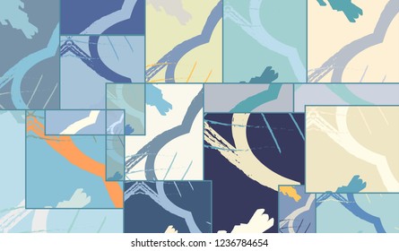 Abstract collage asymmetric pattern. Digital freehand art, grunge texture. Vector patchwork quilt background. Decorative elements, brush strokes ornament for flyer, poster, cover, textile fabric print