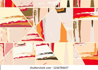 Abstract collage asymmetric pattern. Digital freehand art, grunge texture. Vector patchwork quilt background. Decorative elements, brush strokes ornament for flyer, poster, cover, textile fabric print