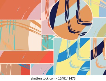 Abstract collage asymmetric pattern. Digital freehand art, grunge texture. Vector patchwork quilt background. Decorative elements, brush strokes ornament for flyer, poster, cover, textile fabric print