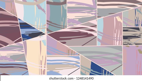 Abstract collage asymmetric pattern. Digital freehand art, grunge texture. Vector patchwork quilt background. Decorative elements, brush strokes ornament for flyer, poster, cover, textile fabric print