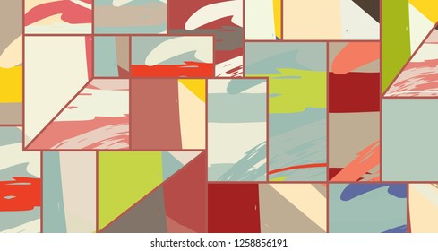 Abstract collage asymmetric pattern. Digital freehand art, grunge texture. Vector patchwork quilt background. Decorative elements, brush strokes ornament for flyer, poster, cover, textile fabric print